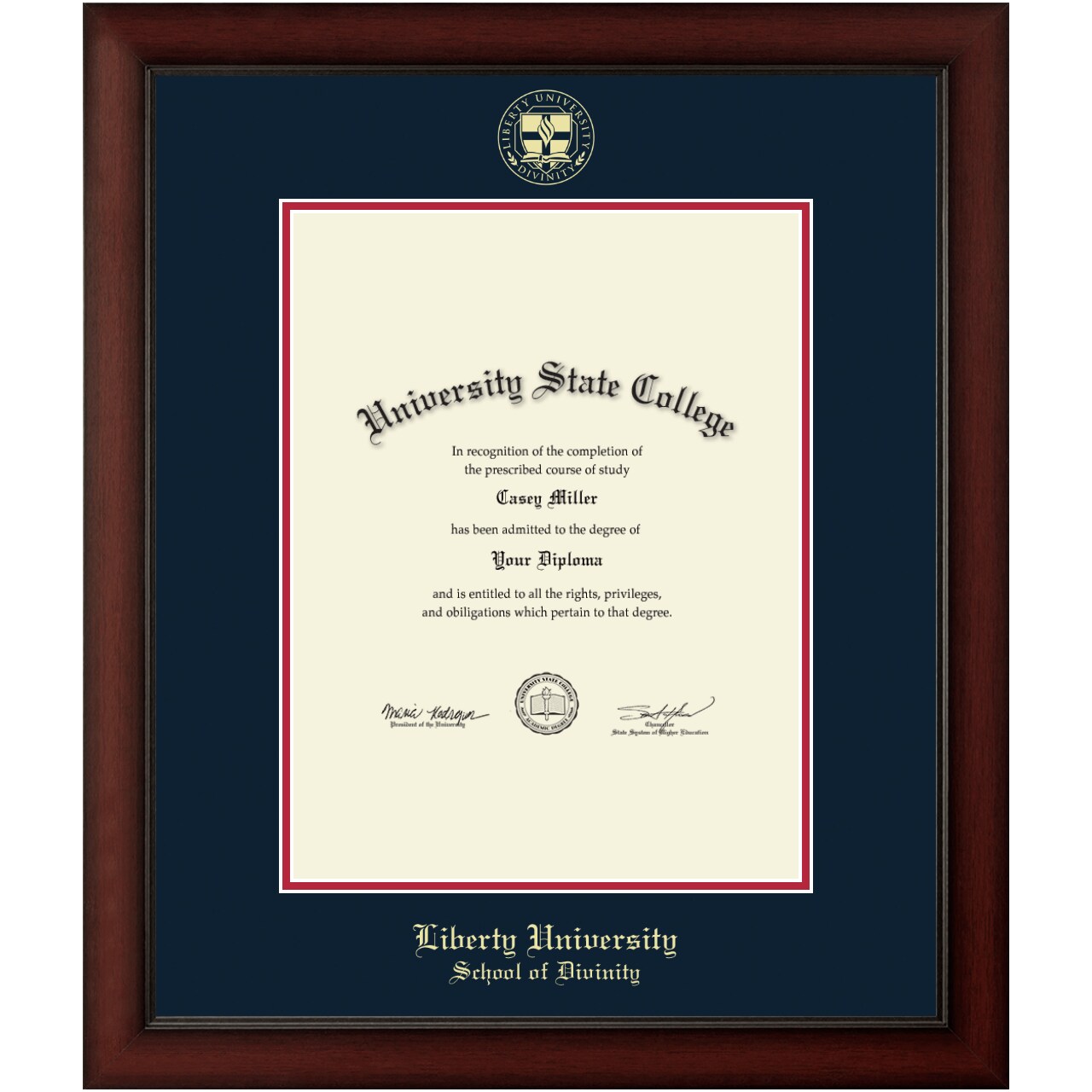 Framerly - Liberty University School of Divinity 13"w x 17"h Diploma Frame - Gold Embossed - Cherry Moulding with Navy and Red Matting
